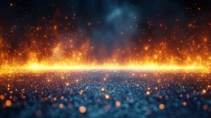 Wall Mural - Fiery embers glow on dark, glittering surface, smoke fills the air