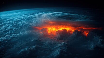 Wall Mural - Fiery inferno erupts beneath swirling clouds, seen from space