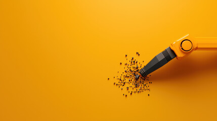 Poster - Robotic arm efficiently organizes small black cubes against vibrant orange background, showcasing modern technology and precision engineering