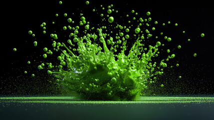 Aufkleber - Vibrant explosion of green liquid droplets captured mid air against dark background, creating dynamic and energetic visual. splash forms intricate patterns, showcasing fluid motion