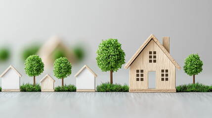 Poster - Miniature wooden houses and small green trees are arranged in row, symbolizing sustainable living and eco friendly communities. scene conveys sense of harmony and environmental consciousness