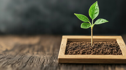 Aufkleber - Small green plant with vibrant leaves grows in wooden frame filled with soil, symbolizing growth and sustainability. rustic wooden surface adds natural touch