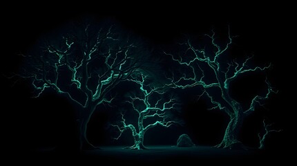 Wall Mural - Three gnarled trees are set against a dark background, with branches illuminated in a glowing blue light. Their twisted forms give a haunting, mystical atmosphere to the scene.