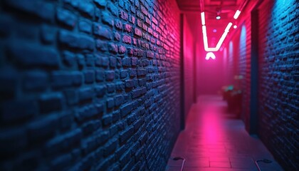 Poster - Brick wall illuminated by vibrant blue and pink neon lights. Grunge urban night scene creates design abstract pattern interior exterior surface construction, shadow.