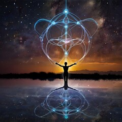 Wall Mural - A silhouette of a person stands with arms outstretched in front of a cosmic background, featuring interconnected glowing lines & a radiant sunset. The reflection on the water adds a sense of symmetry