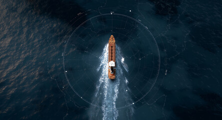 Poster - A cargo vessel navigates open waters with advanced autopilot technology. It showcases precision transport capabilities while leaving a distinct wake in its path on a clear day.