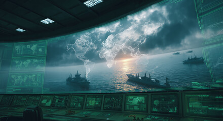 Poster - A control center monitors navigation and tracking for cargo ships using autopilot technology. The screen shows a global map and cargo ships on water, under a dramatic sky at sunset.