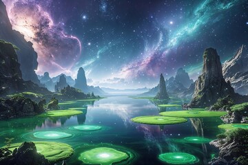 Wall Mural - Emerald Planet Surrounded by Cosmic Nebulae and Serene Celestial Lakes