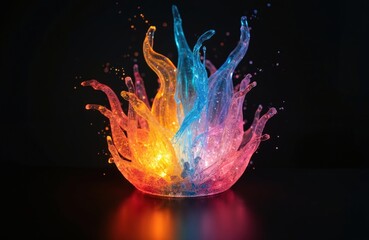 Poster - Abstract lit glass sculpture with rainbow colored lights, black background. Glowing glass art reflects, refracts lights, modern decor, futuristic look. Energy, new tech, innovation, infinite,