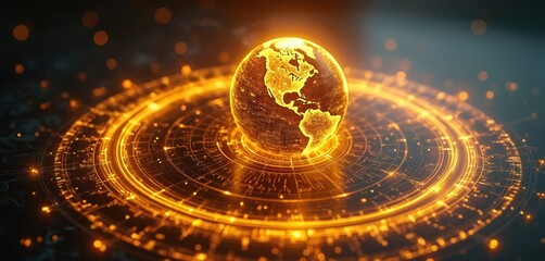 Poster - Digital glowing Earth with glowing lines encircling planet. Modern tech concept, global network, information, data transfer, internet, communication, science, future.