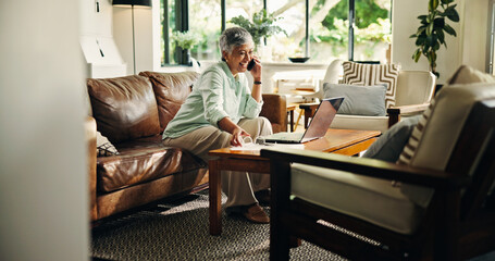 Poster - Phone call, laptop and senior woman with smile for pension, planning and good news in home. Computer, cellphone and mature female person with discussion for investment document or account update