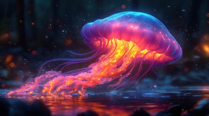Wall Mural - Glowing jellyfish in dark forest, fiery hues