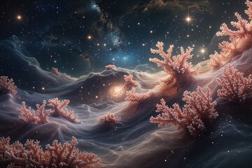 Wall Mural - Vibrant Coral Tides Cascading Through Dark Nebulae Amidst Shimmering Stars in the Cosmic Universe