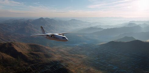 Poster - A transport aircraft flies through a mountainous region, navigating automatically with autopilot technology.