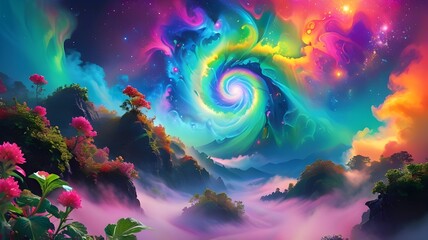 Wall Mural - A vibrant, swirling galaxy dominates the sky above a fantastical landscape filled with colorful flora and misty valleys.