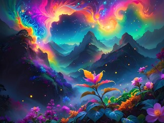Wall Mural - A surreal landscape bursts with vibrant colors as mountains silhouette against a swirling, colorful sky. Lush foliage and glowing flowers dot the foreground, creating a dreamlike scene