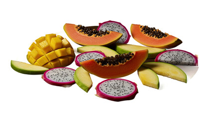 Aufkleber - Colorful arrangement of fresh sliced papaya, dragon fruit, and mango on black