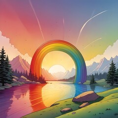 Wall Mural - A vibrant rainbow arches over a serene landscape with a river reflecting the colorful sky, set against a backdrop of mountains and pine trees. 