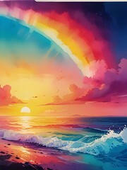 Wall Mural - A vibrant sunset is depicted with a radiant rainbow arching over a tranquil ocean scene. Waves gently crash on the shore as the sky transitions through warm hues of orange, pink, and blue.