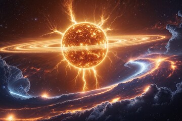 Wall Mural - Futuristic Solar Exhibition Showcasing Dazzling Solar Storms and Cosmic Vibrancy