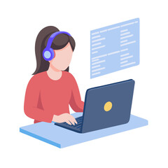 Poster - Woman with headphones working on laptop, clean cutout, transparent background