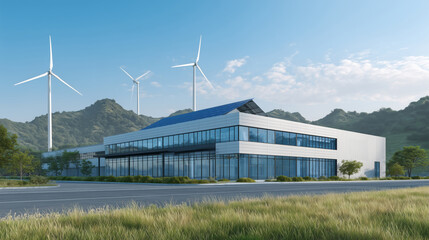 Aufkleber - A modern cargo transport facility features advanced navigation and autopilot systems. Located near mountains, it is equipped with solar panels and wind turbines for sustainable energy.