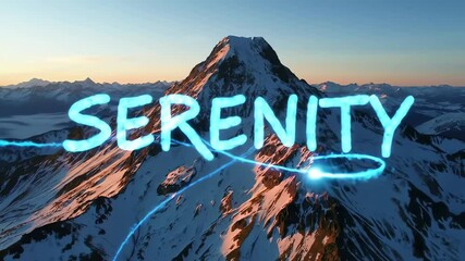 Aufkleber - Aerial view of snowy mountain range at sunset, illuminated word 