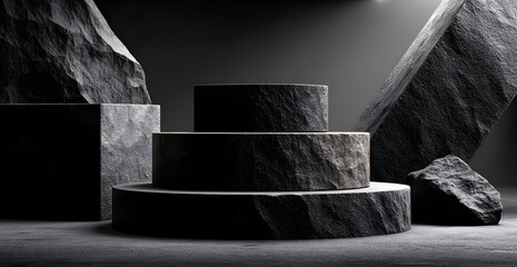 Poster - Black geometric Stone and Rock shape background, minimalist mockup for podium display or showcase, 3d rendering.