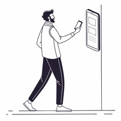 Man using smartphone near interactive wall display