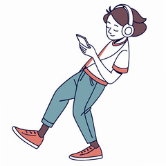 Poster - Young person listening music smartphone headphones clean cutout illustration