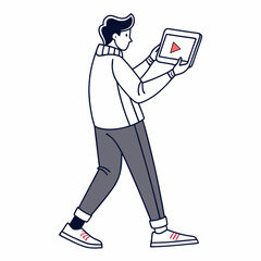 Poster - Young man watching video on tablet device walking