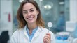 © CStock - A smiling female scientist holds a sample slide in a modern laboratory, showcasing innovation and research.