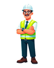 Fototapete - Confident Construction Engineer Cartoon Character Wearing Hard Hat and Safety Vest