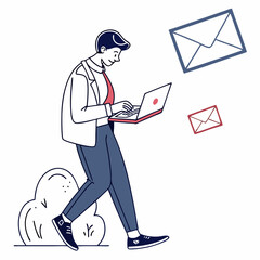 Poster - Businessman walking using laptop checking emails online communication