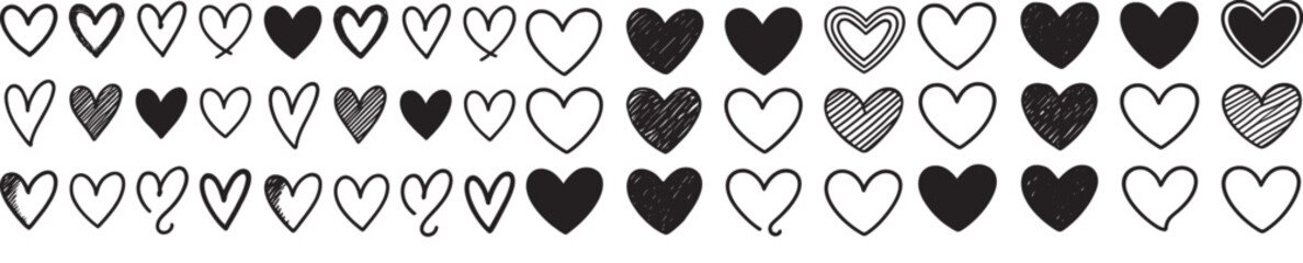 Aufkleber - Vector illustration of 40 unique hand-drawn heart icons in black and white. Each heart varies in outline, fill, and sketch style. Playful and minimal design on transparent background.