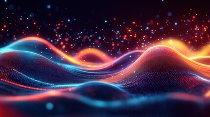 Poster - Dynamic abstract waves of colorful light particles create a futuristic digital landscape with vibrant blue, purple, red, and orange hues on a dark background.