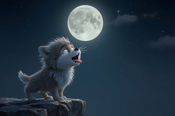  Cute cartoon wolf pup gazes at full moon at night