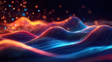 Poster - A vibrant digital landscape with flowing waves of glowing blue and orange lights, creating an abstract, futuristic visual effect.