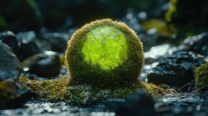Aufkleber - Lush green sphere nestled amongst wet stones.