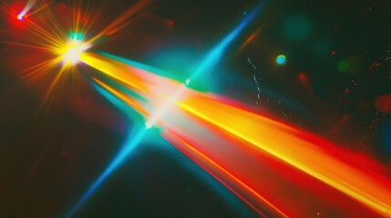 Poster - Bright, colorful laser beams radiate through a dark space creating a vibrant, energetic light show with red, yellow, green, and blue hues.