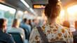 © Larisa AI - A woman wearing a floral blouse stands in a crowded transit environment, silhouetted against a bright sunset view, capturing the essence of daily commuting and urban life.