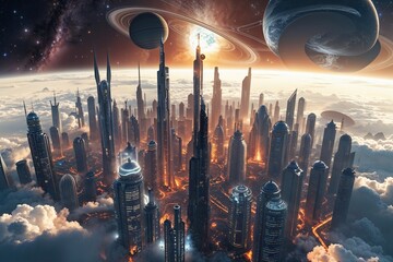 Wall Mural - Futuristic Urban Skyline in the Techno-Anthropocene Universe of a Thriving City