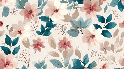 Poster - Seamless floral pattern, vintage watercolor style, soft pastel tones, wildflowers and leaves, vector style, clear background