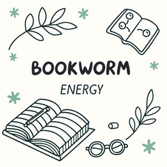 Fototapete - Bookworm energy cute illustration transparent background