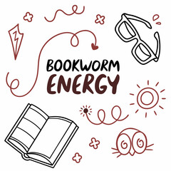 Fototapete - Bookworm energy cute doodle illustration transparent background