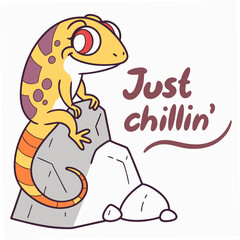 Fototapete - Cute gecko cartoon character just chillin on rock transparent background