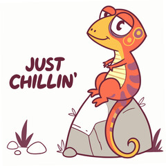 Fototapete - Cute cartoon lizard just chillin on rock, transparent background