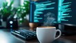 © Larisa AI - A steaming cup of coffee sits on a desk in front of a computer monitor displaying lines of code, symbolizing the perfect blend of productivity and relaxation in a tech environment.