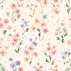 Poster - Tiny blooming flowers, seamless pattern, soft pastel watercolor style, hand-painted look, delicate floral elements scattered on white or off-white background