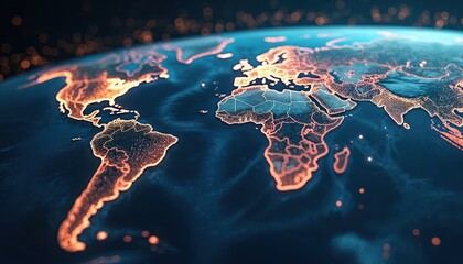 Poster - Illustration shows glowing fiber optic lines on world map, crossing deep sea trenches. Digital data transmission across oceans, globe with lights, cyberspace communication tech.